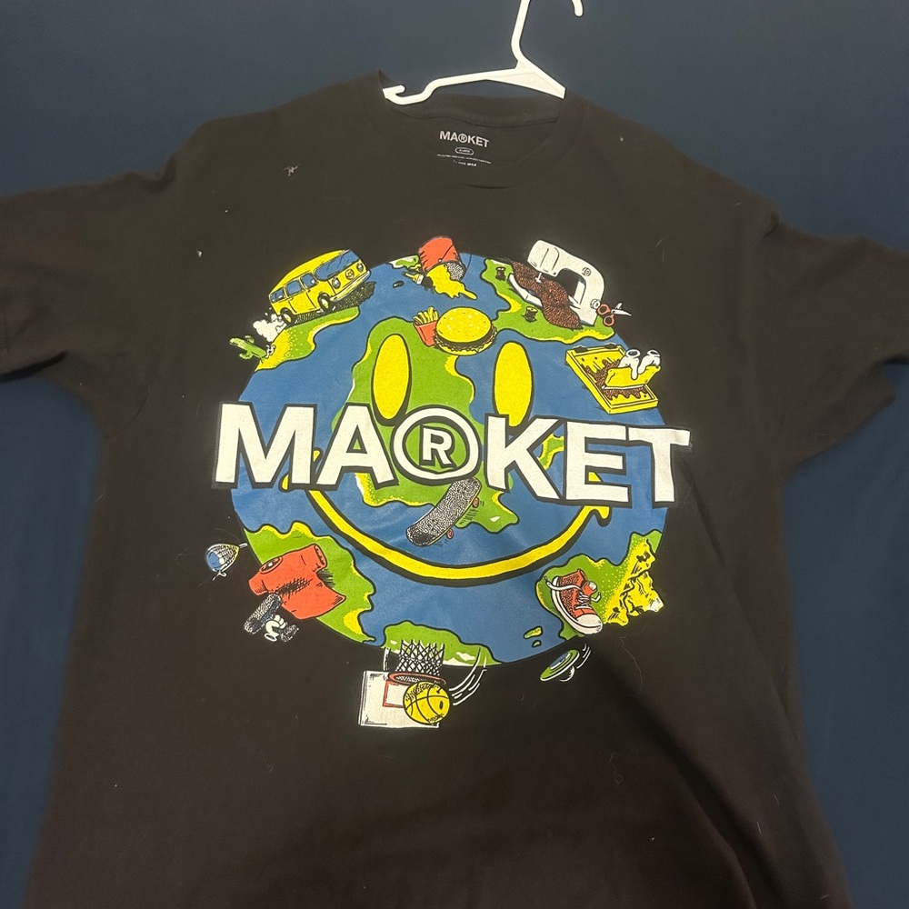 Arket Kids Black Tee with Blue and Yellow Smiley Globe Graphic